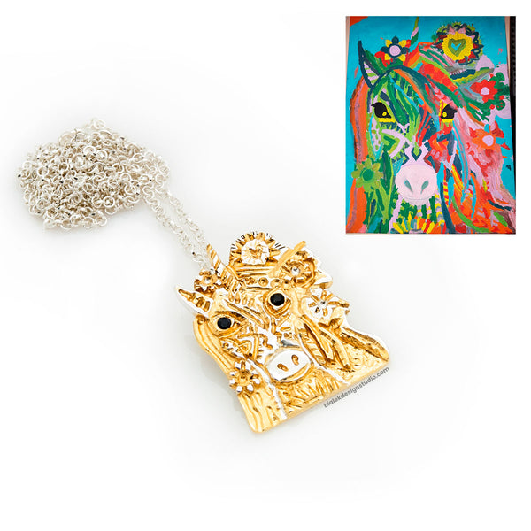 NASZYJNIK Z RYSUNKU DZIECKA - JEDNOROŻEC Z KWIATAMI W GRZYWIE