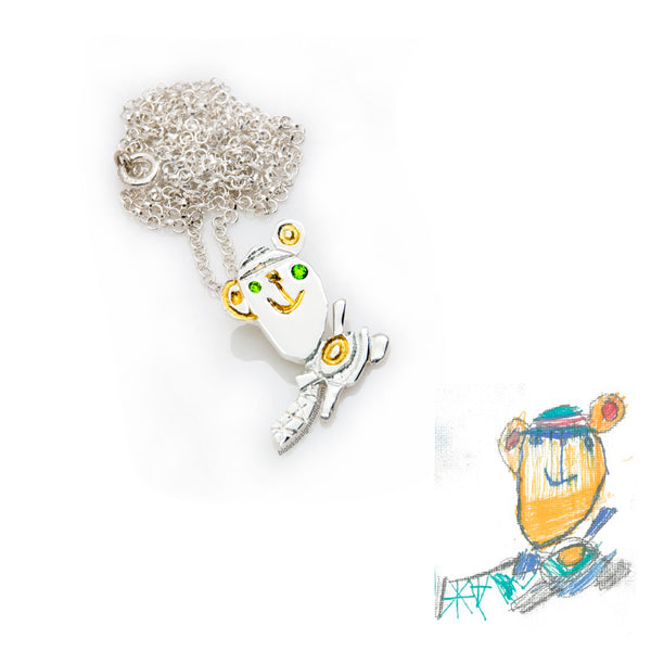 CUSTOM NECKLACE FROM CHILD'S DRAWING - TEADY BEAR WITH DIOPSIDES IN EYES
