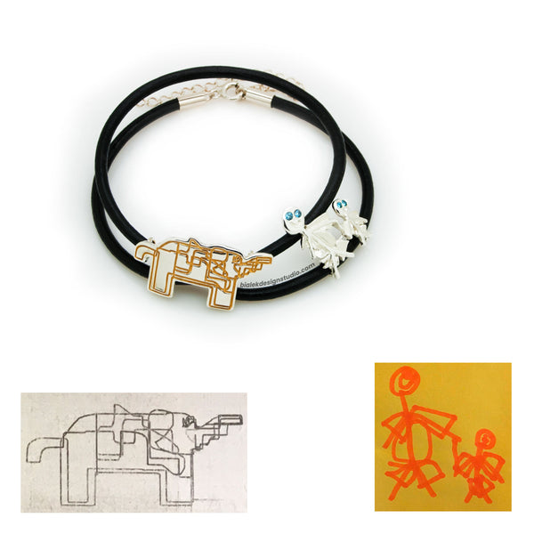 CUSTOM BRACELET FROM CHILD'S DRAWING - ELEPHANT AND A COUPLE WITH TOPAZES IN THEIR EYES