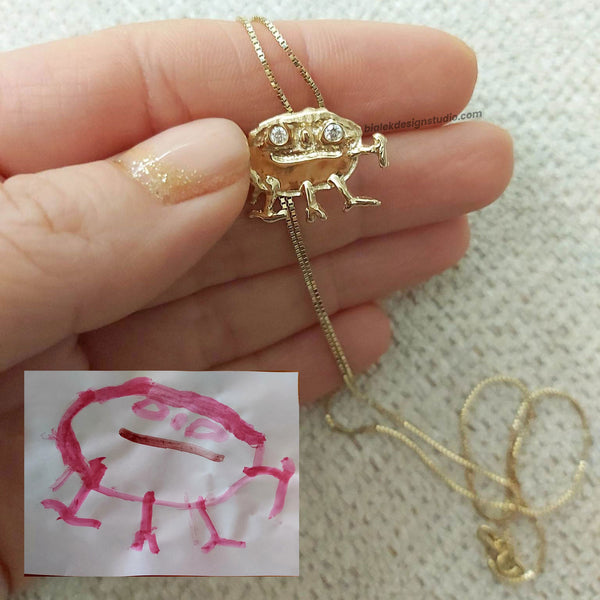 GOLD CUSTOM  NECKLACE PENDANT FROM CHILD'S DRAWING - A HEAD WITH DIAMONDS EYES