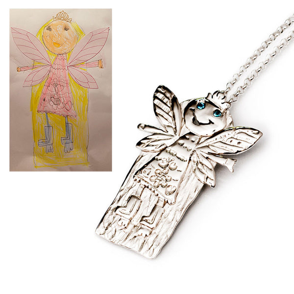 CUSTOM NECKLACE FROM CHILD'S DRAWING - AN ANGEL WITH TOPAZ EYES