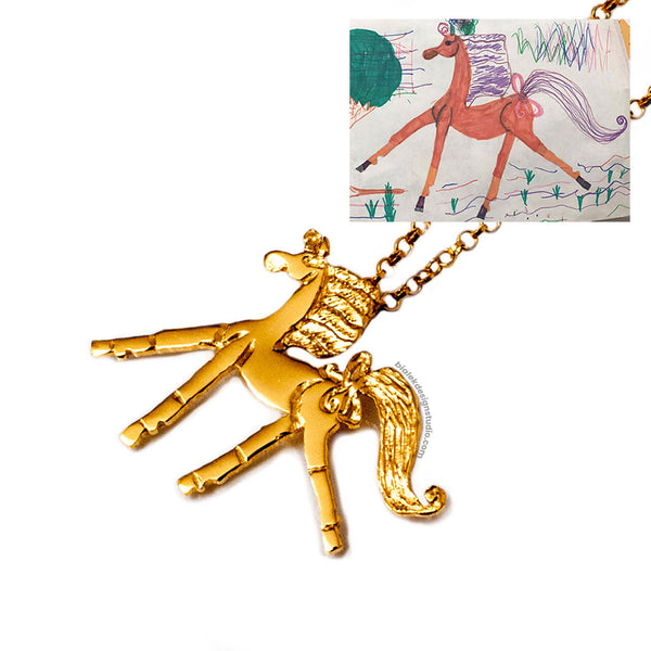 CUSTOM NECKLACE FROM CHILD'S DRAWING -  THE HORSE WITH A BOW ON ITS TAIL