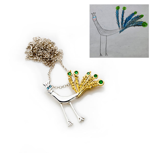 CUSTOM NECKLACE FROM CHILD'S DRAWING - THE PEACOCK WITH MOVABLE LEGS AND EMERALDS IN THE TAIL