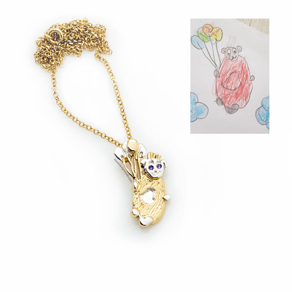 CUSTOM NECKLACE FROM CHILD'S DRAWING - THE TEDDY BEAR WITH BALLOONS