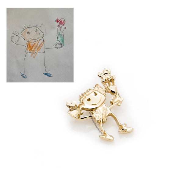GOLD CUSTOM  NECKLACE PENDANT FROM CHILD'S DRAWING - THE MOM WITH FLOWERS