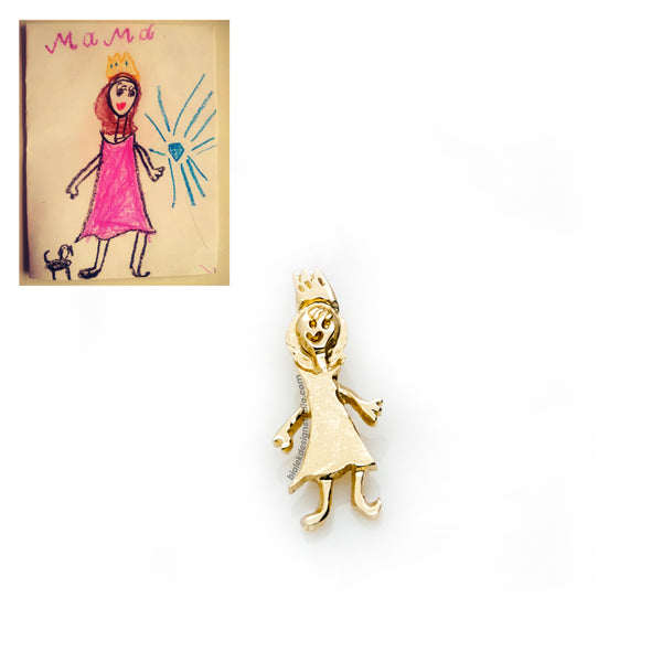 GOLD CUSTOM  NECKLACE PENDANT FROM CHILD'S DRAWING - PRINCESS MOM