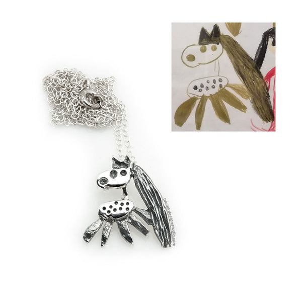 CUSTOM NECKLACE FROM CHILD'S DRAWING - THE HORSE WITH OXIDIZED MANE