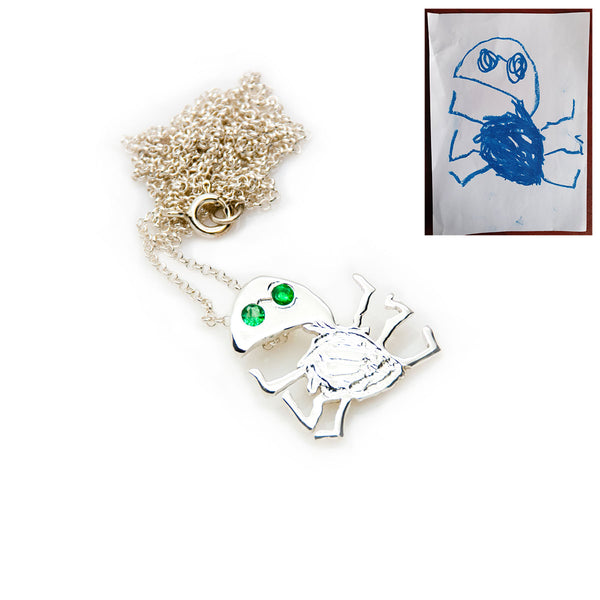 CUSTOM NECKLACE FROM CHILD'S DRAWING - THE TURTLE WITH AN EMERALD GAZE